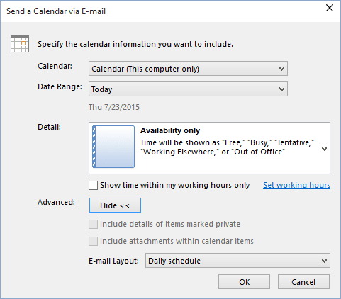 Advanced in send a calendar in Outlook 2016