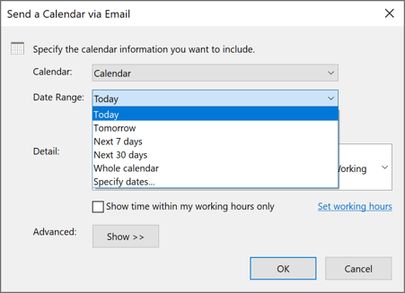 Date range in send a calendar in Outlook 365