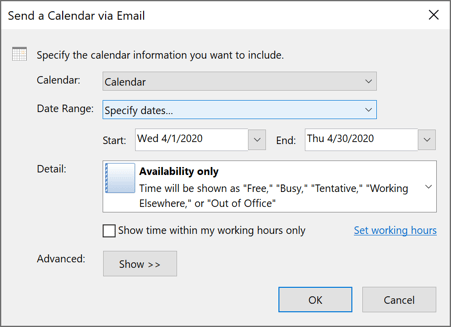 Specify dates in send a calendar in Outlook 365