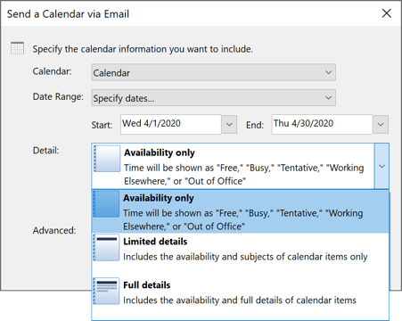 Detail in send a calendar in Outlook 365