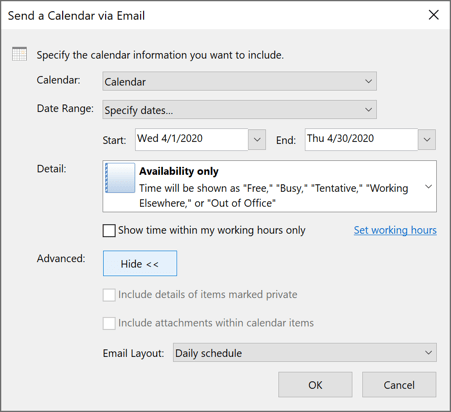 Advanced in send a calendar in Outlook 365