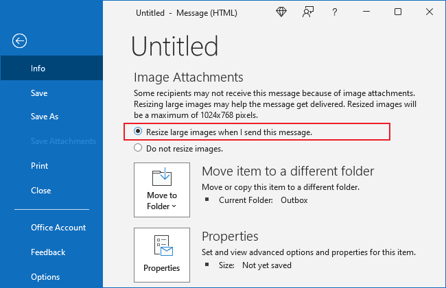 Message of the large picture in Outlook for Microsoft 365 Message of the large picture in Outlook 365