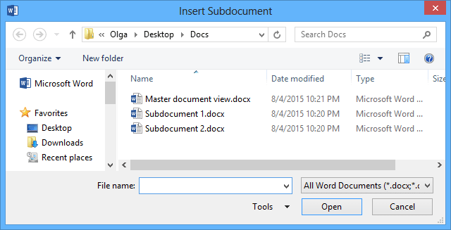 Insert Subdocument in Word 2013