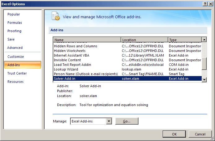 add-ins in Excel 2007