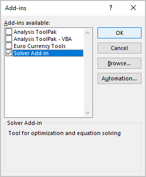 Solver Add-In in Excel 365