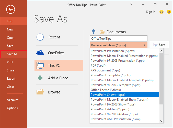 Save As PowerPoint 2016