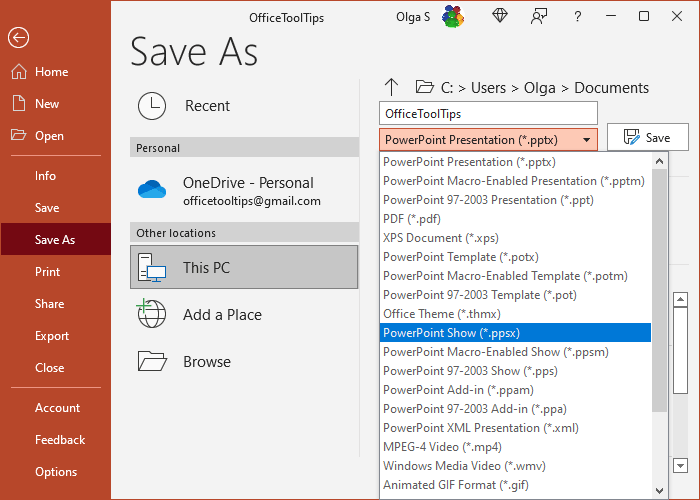 Save As PowerPoint Show in PowerPoint 365