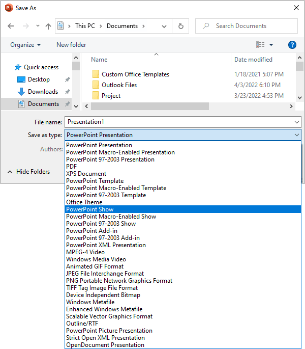 PowerPoint Show in Save As dialog box PowerPoint 365