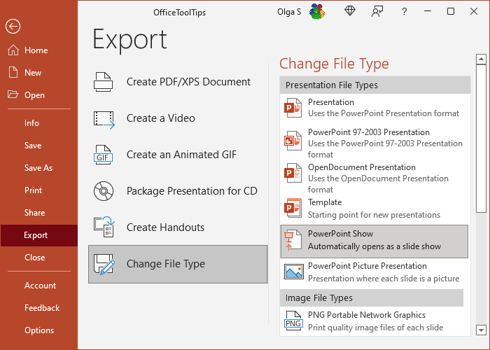 PowerPoint Show in Export pane PowerPoint 365