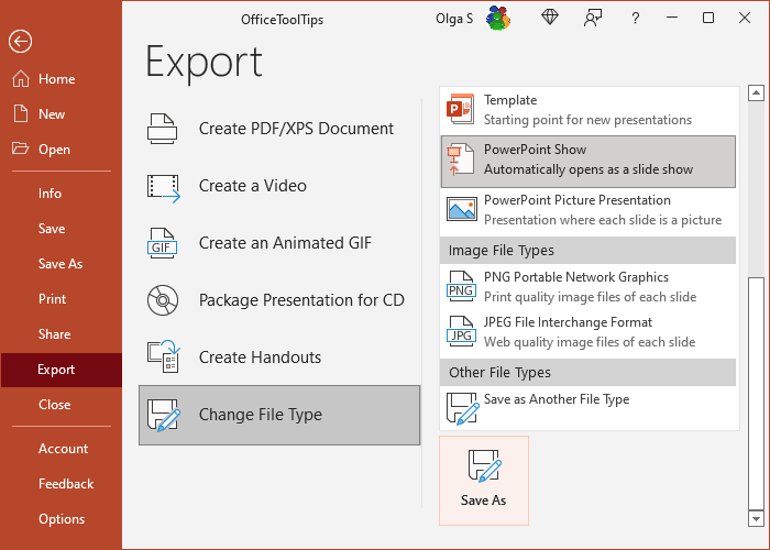 Save As button in Export pane PowerPoint 365