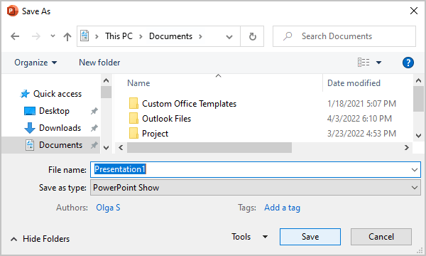 Save PowerPoint Show in Save As dialog box PowerPoint 365