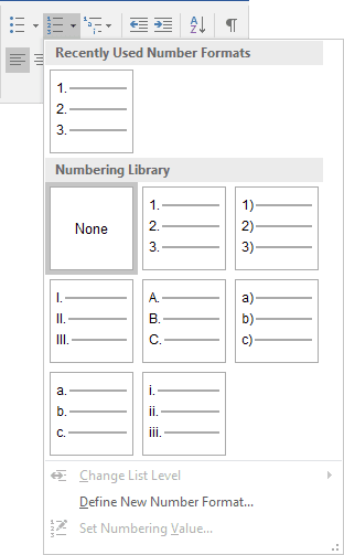 Numbering in Word 2016