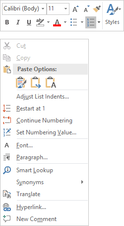 numbering in Word 2016 popup