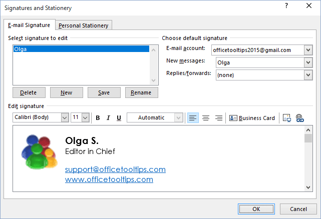 E-mail signature in Outlook 2016