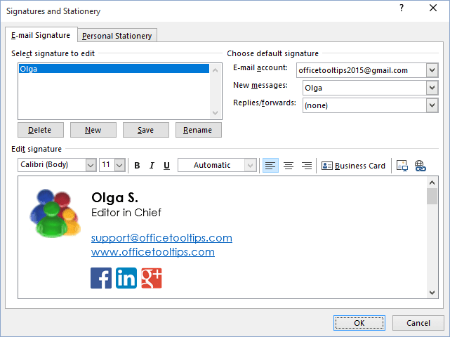 Hyperlinks in E-mail signature Outlook 2016