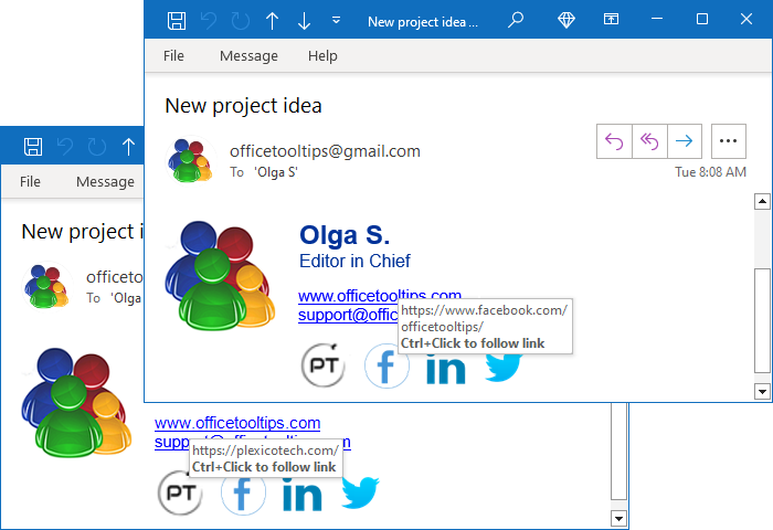 Example of Signature with pictures and social links in Outlook 365