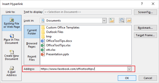 Insert Hyperlink dialog box in Outlook for Microsoft 365 Insert Hyperlink dialog box in Outlook 365