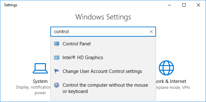 Windows 10 settings dialog box