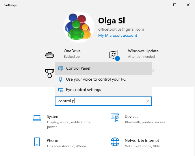 Windows 10 system Settings dialog box