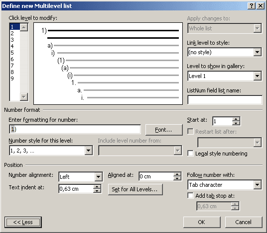 Define new Multilevel Format Word 2007