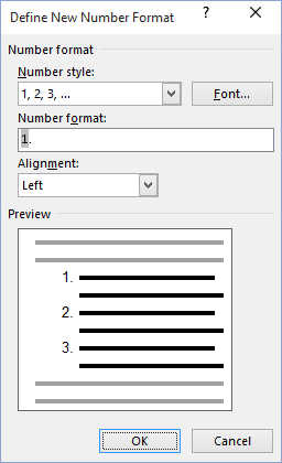 Define New Number Format Word 2016