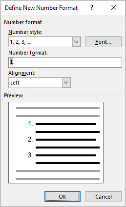 Define New Number Format in Word 365