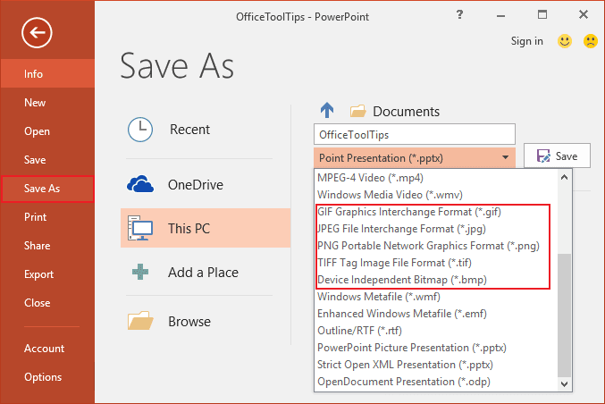Save as pictures in PowerPoint 2016