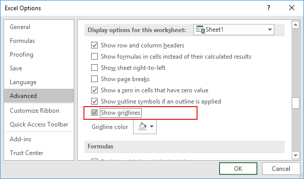 Advanced Options in Excel 2016