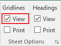 Sheet Options group in Excel 2016