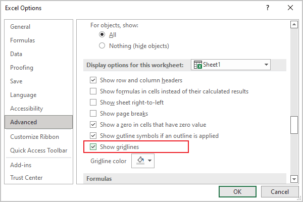 Advanced Options in Excel 365