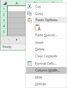 Column Width options in Excel 2016