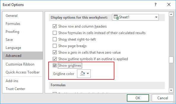 Gridlines colors in Excel 2016 Gridlines colors in Excel 2016