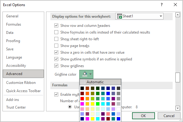 Gridlines colors in Excel 365
