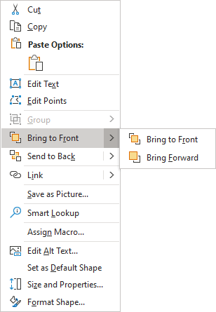 Bring to Front in popup menu Excel 365