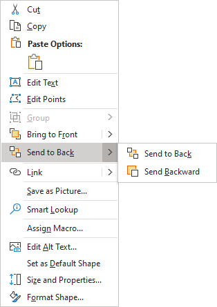 Send to Back in popup menu Excel 365