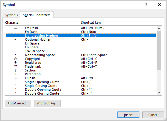 Nonbreaking Hyphen in Word 365