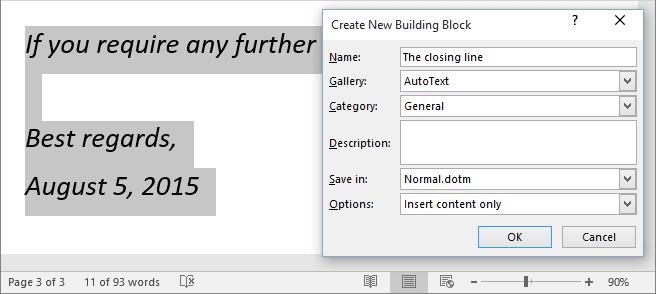 Quick Part in Word 2016 Quick Part in Word 2016