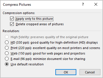 Compress Pictures dialog box in PowerPoint for Microsoft 365 Compress Pictures dialog box in PowerPoint 365