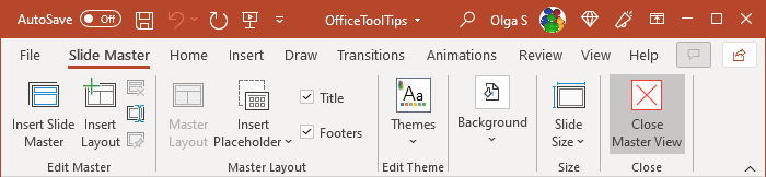 Slide Master toolbar in PowerPoint 365