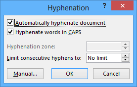 Hyphenation options in Word 2013