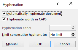 Hyphenation options in Word 2016