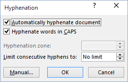 Hyphenation options in Word 2016 Hyphenation options in Word 2016