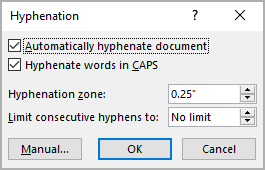 Hyphenation options in Word for Microsoft 365 Hyphenation options in Word 365