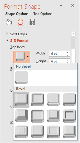 Top bevel of 3D format in PowerPoint 2016
