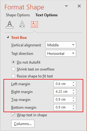 Format shape margins in PowerPoint 2016