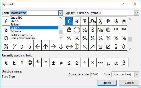 Font in Symbol dialog box in PowerPoint 2016