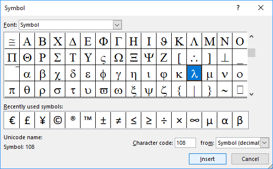 Symbol dialog box in PowerPoint 2016