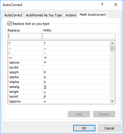 AutoCorrect dialog box in PowerPoint 2016