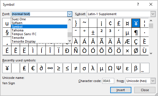 Font in Symbol dialog box in PowerPoint 365