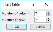 Insert Table dialog box in PowerPoint 2016